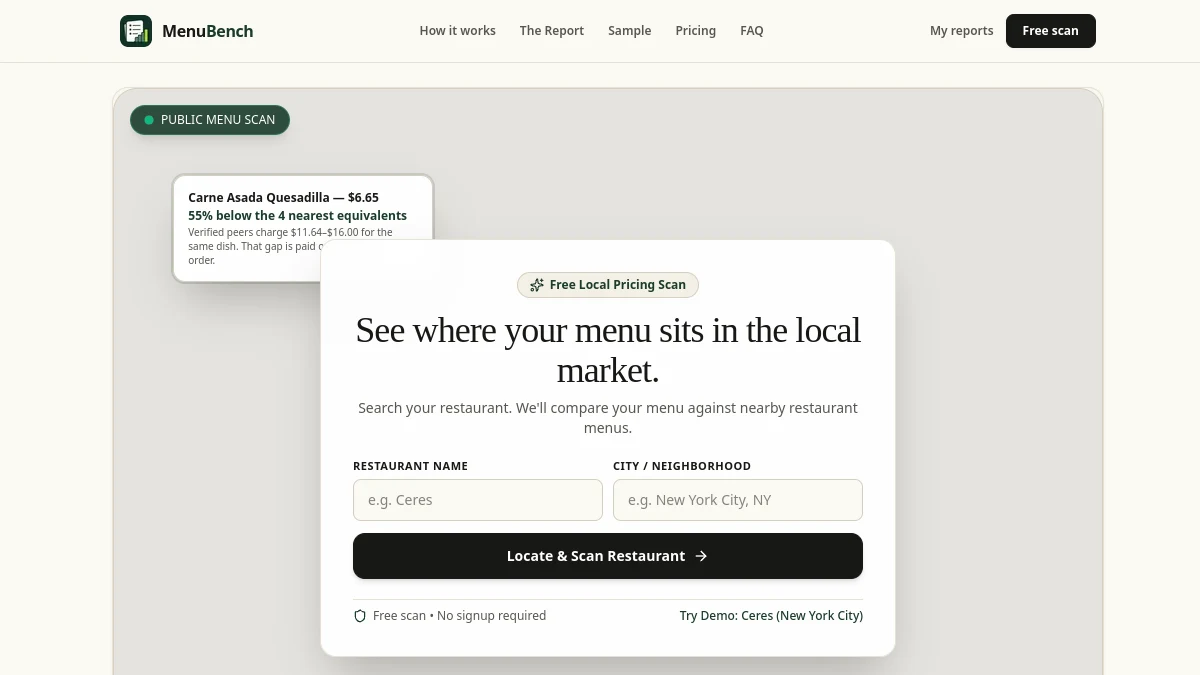 MenuBench landing page showing its restaurant pricing scan